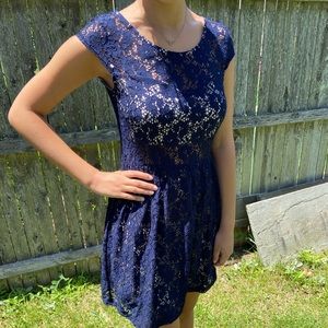 Navy blue floral lace cutout dress